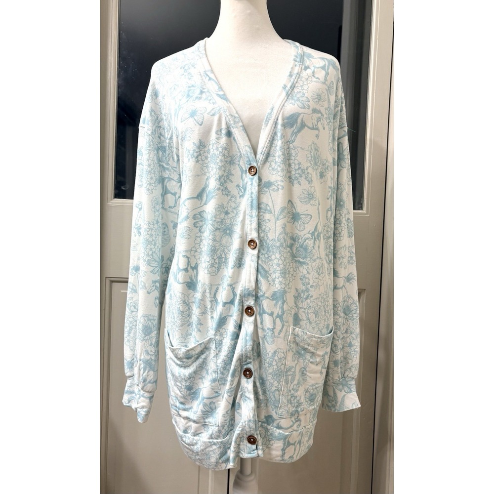 Posh Peanut L/XL Blue Horse Floral Bamboo Cardigan Duster Lounge Pockets